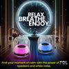 Futuristic meditation space with glowing pink and blue FOL speakers, text 