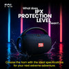 FOL waterproof Bluetooth speaker with IPX protection, splashing water on dark background with neon lights, designed for outdoor and extreme adventure use.