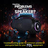 FOL Bluetooth speaker surrounded by small futuristic robot technicians, with text asking “Having problems with your speaker?” and promoting a troubleshooting guide for quick fixes. Model FS-R207L