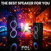 FOL FS-L2212 vs FS-L2206 comparison image showing two RGB Bluetooth speakers with colorful background, highlighting the best portable speaker for you.