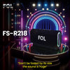 FOL FS-R218 compact Bluetooth speaker with RGB lights on a concert stage background, small in size but delivers big sound.