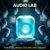 FOL Audio Lab: Futuristic speaker design & testing process. Transparent speaker with robotic engineers, showcasing 