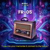 FOL FR - 05 retro - styled speaker/radio with wooden exterior, placed against a vibrant, futuristic background, with the tagline 