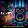 FOL FS - L1306 speaker with colorful LED - lit grilles, showcased on a vibrant, futuristic urban - styled stage, with the tagline “Discover the features of our latest addition.”