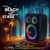 FOL FS-L1306 speaker with colorful LED grilles, set against a vibrant night beach backdrop, with text 