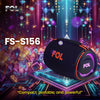 FOL FS - S156 portable speaker with vibrant LED lighting, showcased against a colorful, futuristic background, described as “compact, portable, and powerful”.