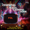FOL FS - S156 compact speaker displayed against a colorful, neon - lit background, described as an essential for travel, camping, and home, with the tagline 