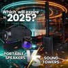 Comparison image of FOL portable Bluetooth speakers versus sound tower speakers, highlighting the future trend debate for 2025 audio technology