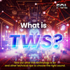 Futuristic visual explaining TWS (True Wireless Stereo) technology used in FOL Bluetooth speakers, with wireless signal icons and neon lighting