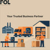 Flat design illustration showing FOL's Bluetooth speaker supply chain from factory production to shipping and warehouse delivery, with the slogan 