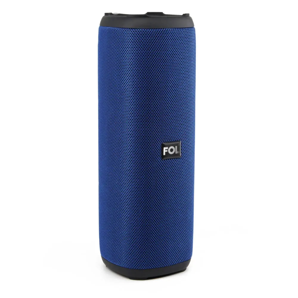 Front view of the FOL D10 Bluetooth speaker – A cylindrical, blue wireless speaker with a fabric texture and a compact design.