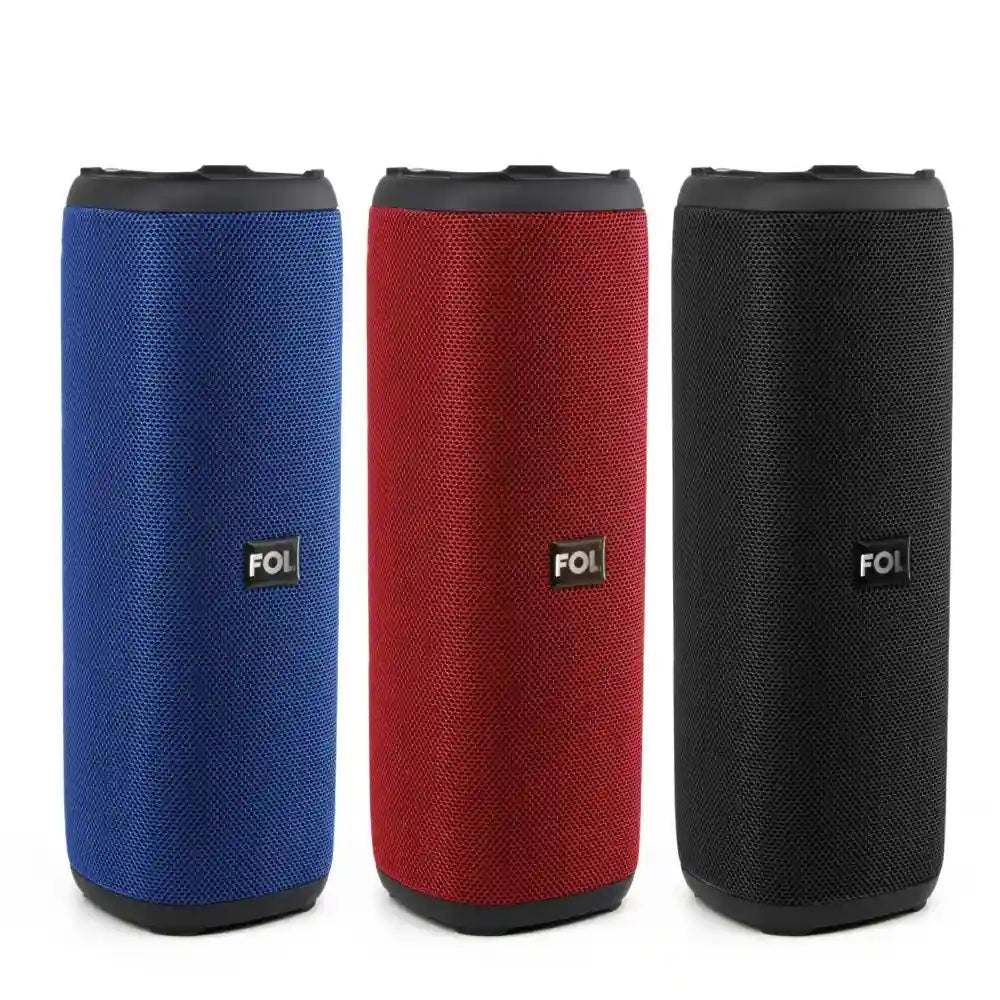FOL D10 Bluetooth speaker in multiple colors – The speaker is shown in blue, red, and black, highlighting available color options.