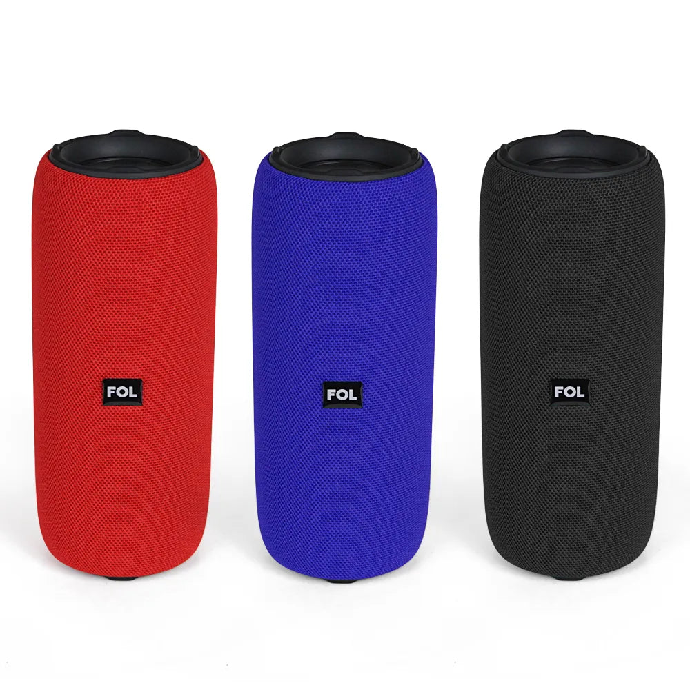 FOL D14 Bluetooth speaker in multiple colors – The speaker is shown in blue, red, and black, highlighting available color options.
