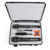 An open storage case containing two black FOL FH-283 wireless microphones, along with accessories and colored filters.