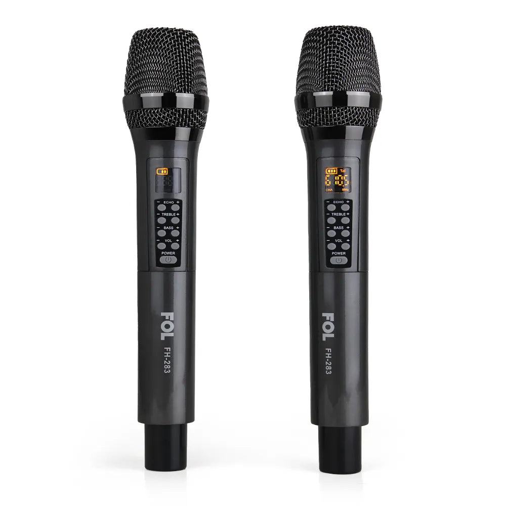Two black FOL FH-283 wireless microphones standing side by side, featuring control buttons and the FOL logo