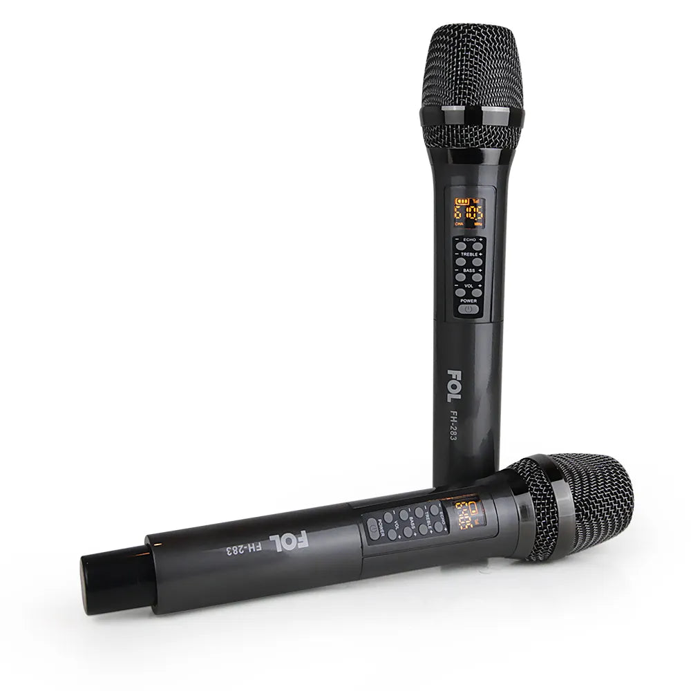 A front view of a single black FOL FH-283 wireless microphone, highlighting the grille and control panel.