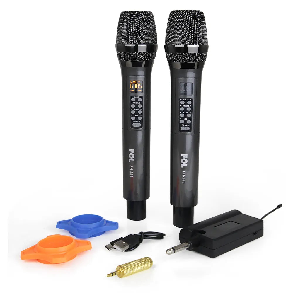 Two black FOL FH-283 wireless microphones placed horizontally, showcasing their sleek design.