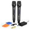 Two black FOL FH-283 wireless microphones placed horizontally, showcasing their sleek design.