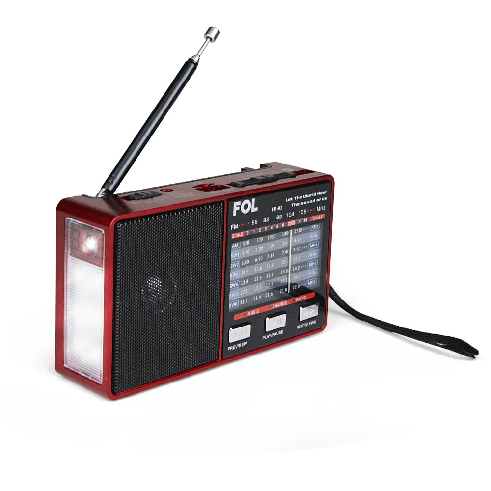 Angled side view: Compact and lightweight FOL FR-02 radio with multiple power options, including rechargeable and AA batteries, perfect for indoor and outdoor use.