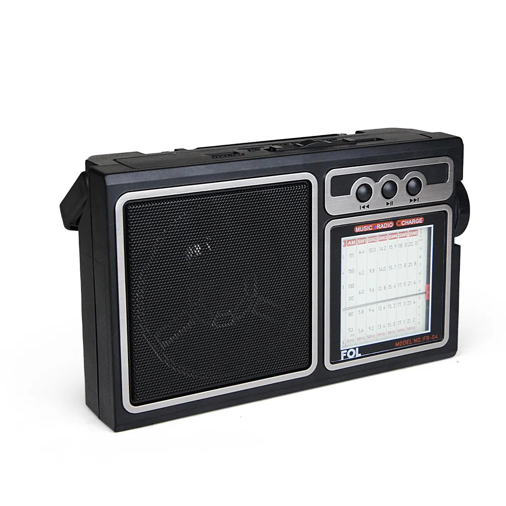 Angled side view: Retro-style FOL FR-04 radio featuring Bluetooth, USB, and microSD playback options for versatile music enjoyment.