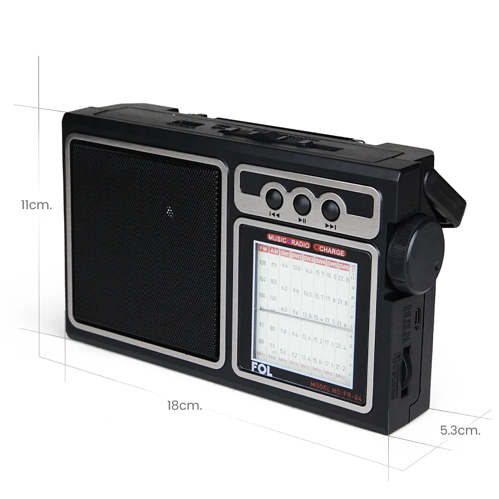 Size dimensions: FOL FR-04 radio with detailed size measurements, showcasing its compact and travel-friendly design.
