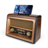 Portable Radio FR-05 with a smartphone holder playing music, featuring a retro wooden design, 5W speaker, and Bluetooth connectivity.