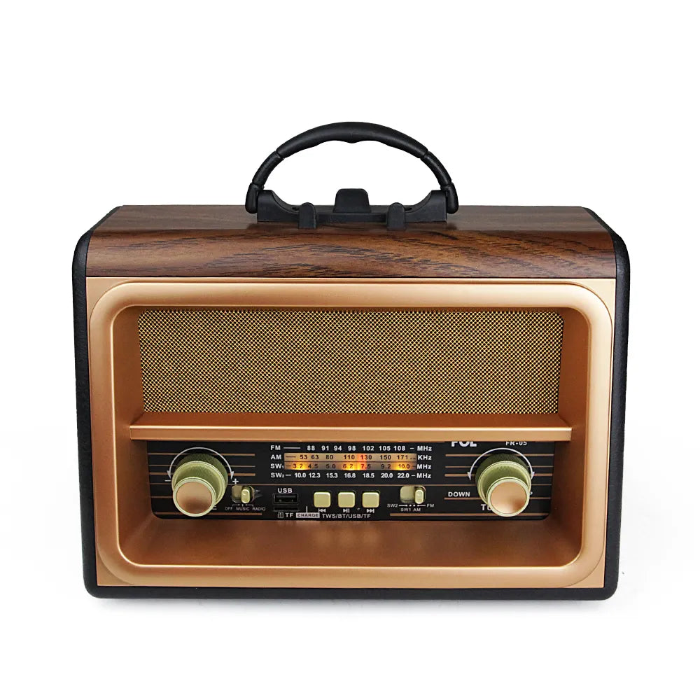 Front view of Portable Radio FR-05, a vintage-style AM/FM/SW radio with LED-lit knobs, wooden body, and 3-inch speaker.