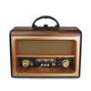 Front view of Portable Radio FR-05, a vintage-style AM/FM/SW radio with LED-lit knobs, wooden body, and 3-inch speaker.