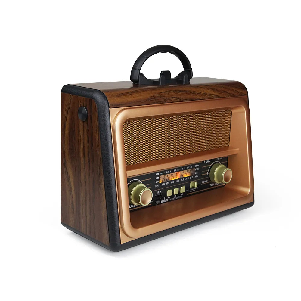 Rear view of Portable Radio FR-05, highlighting USB, microSD, and Bluetooth connectivity ports on a retro wooden radio design.
