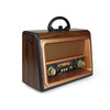 Rear view of Portable Radio FR-05, highlighting USB, microSD, and Bluetooth connectivity ports on a retro wooden radio design.