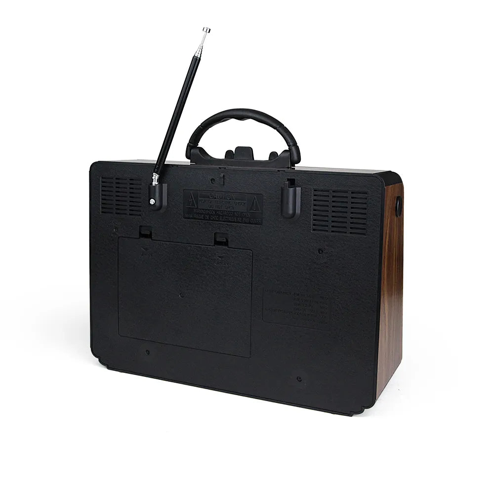 Back view of Portable Radio FR-05 with a retractable antenna, 18650 battery compartment, and black handle for easy portability