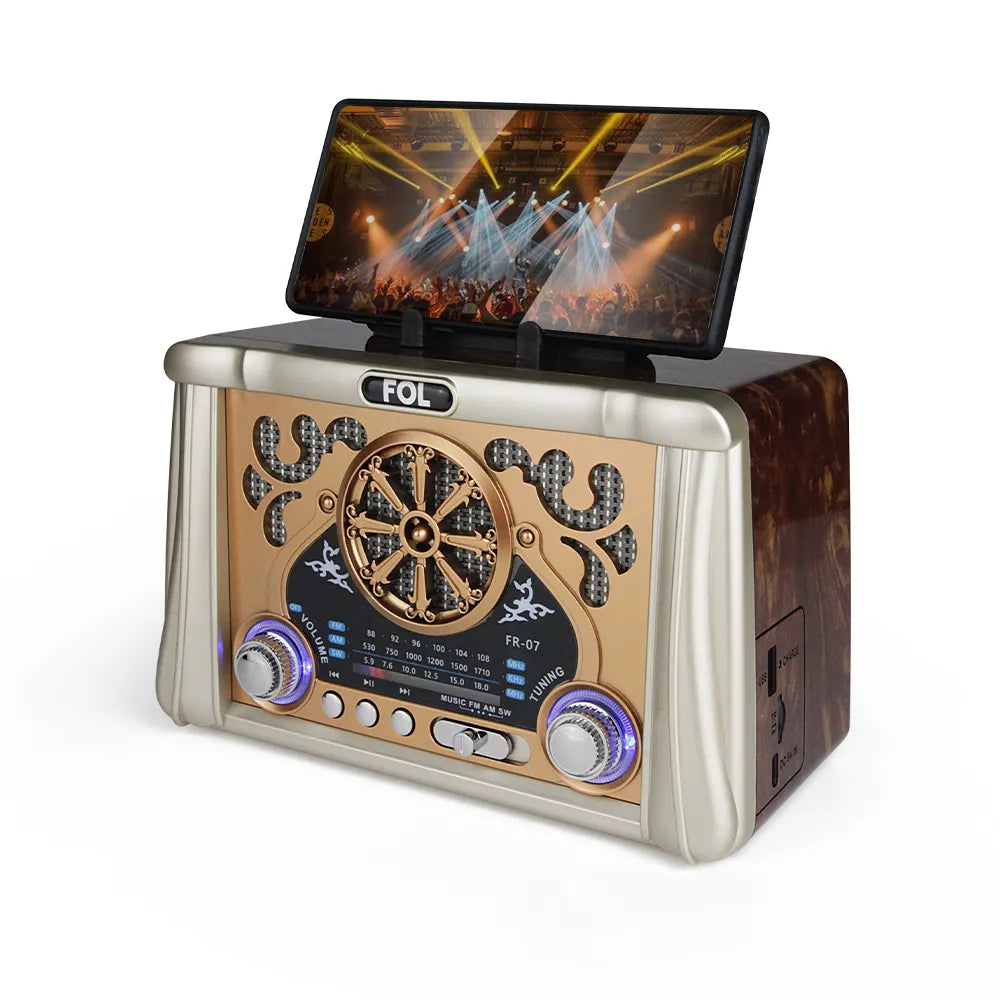 Multimedia playback feature: FOL FR-07 portable radio supports TF card, USB direct playback, and multiple audio formats, blending a nostalgic look with modern features.