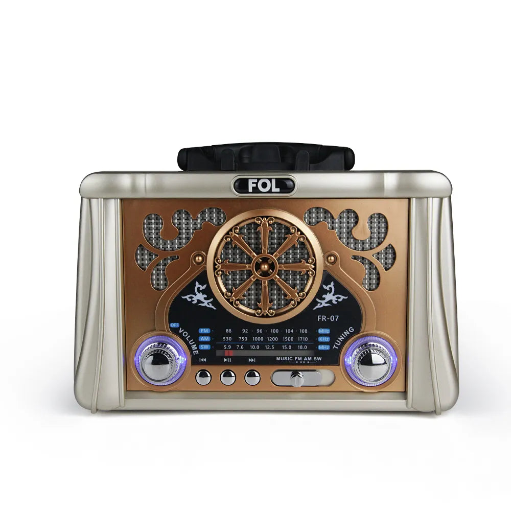 Multi-angle display: FOL FR-07 vintage-style portable radio with TWS stereo pairing for an immersive audio experience.
