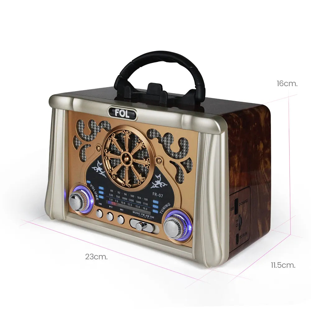 Size comparison: FOL FR-07 retro Bluetooth radio dimensions (16cm height, 23cm width, 16cm depth), lightweight and portable for on-the-go entertainment.
Multi