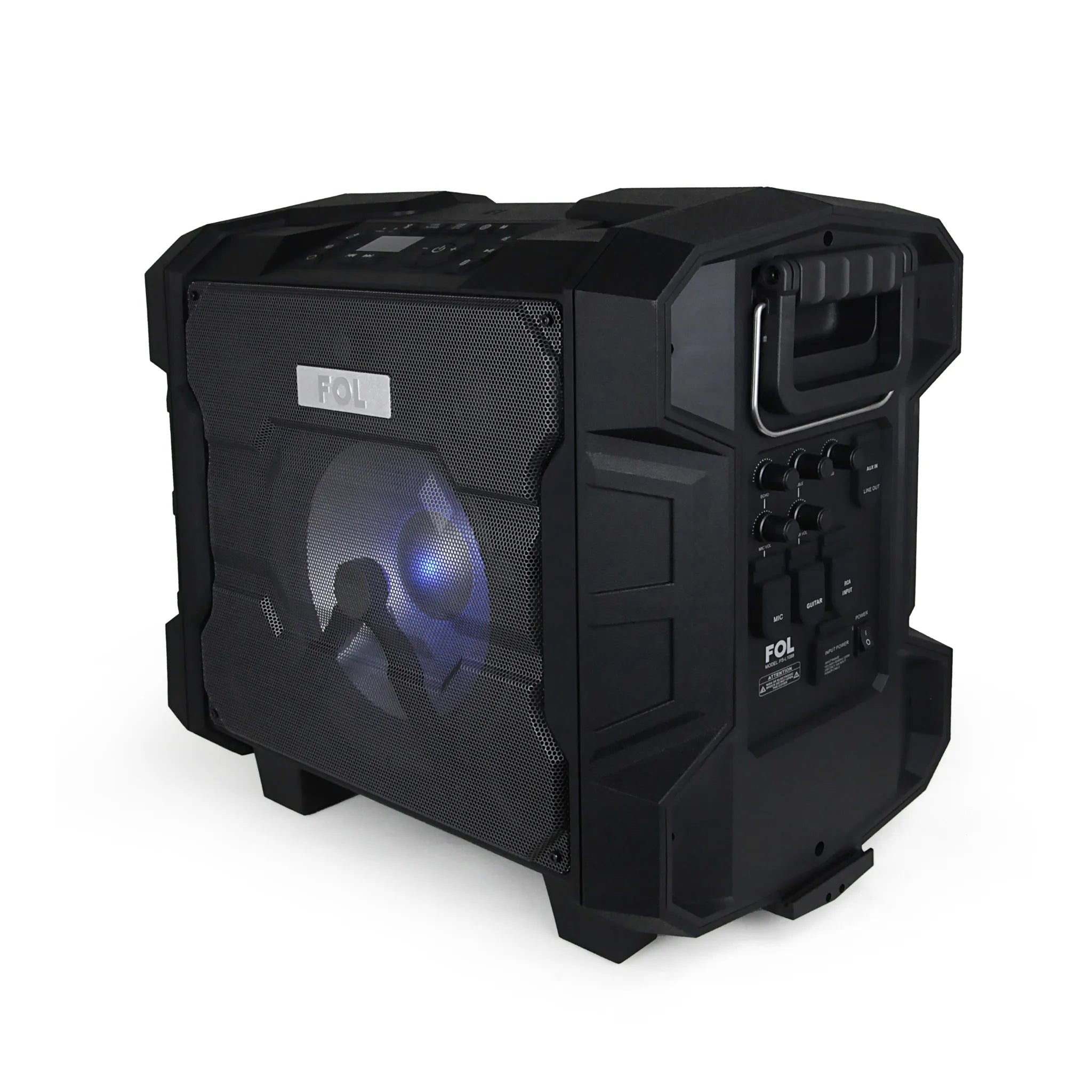 Side View with Blue Light Side view of FS-L1088 Karaoke Machine featuring Bluetooth and USB playback support.