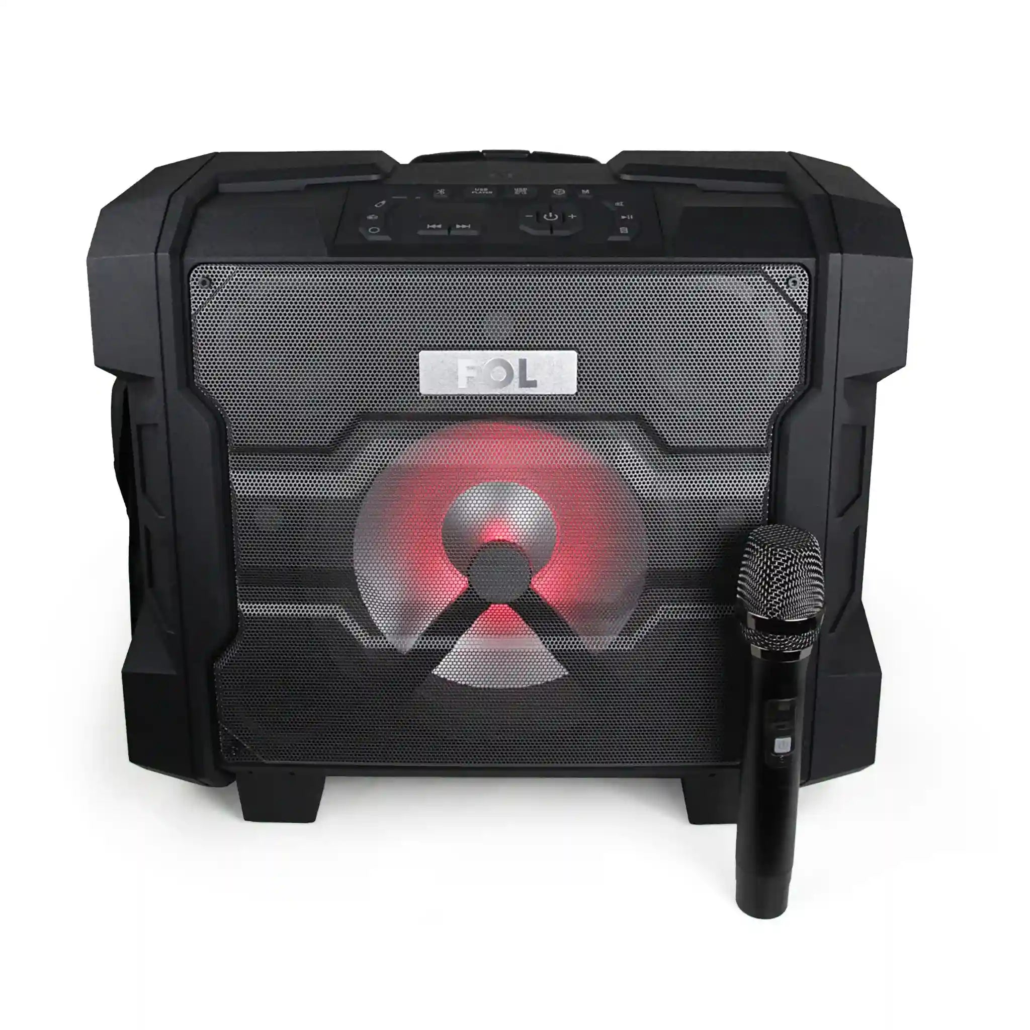 Front View with Red Light FS-L1088 Karaoke Speaker with red LED illumination for a vibrant party experience.