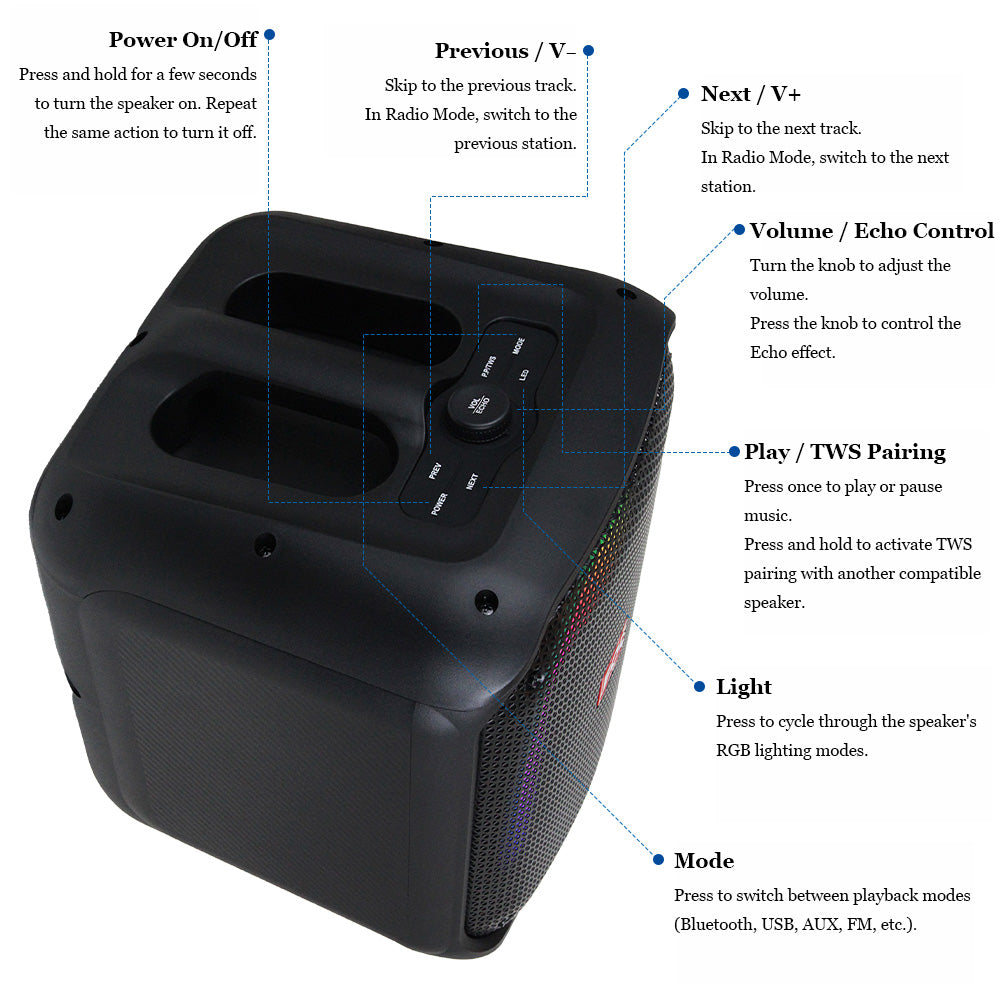 Top panel of FS-L1206 portable speaker with control buttons and LED effects