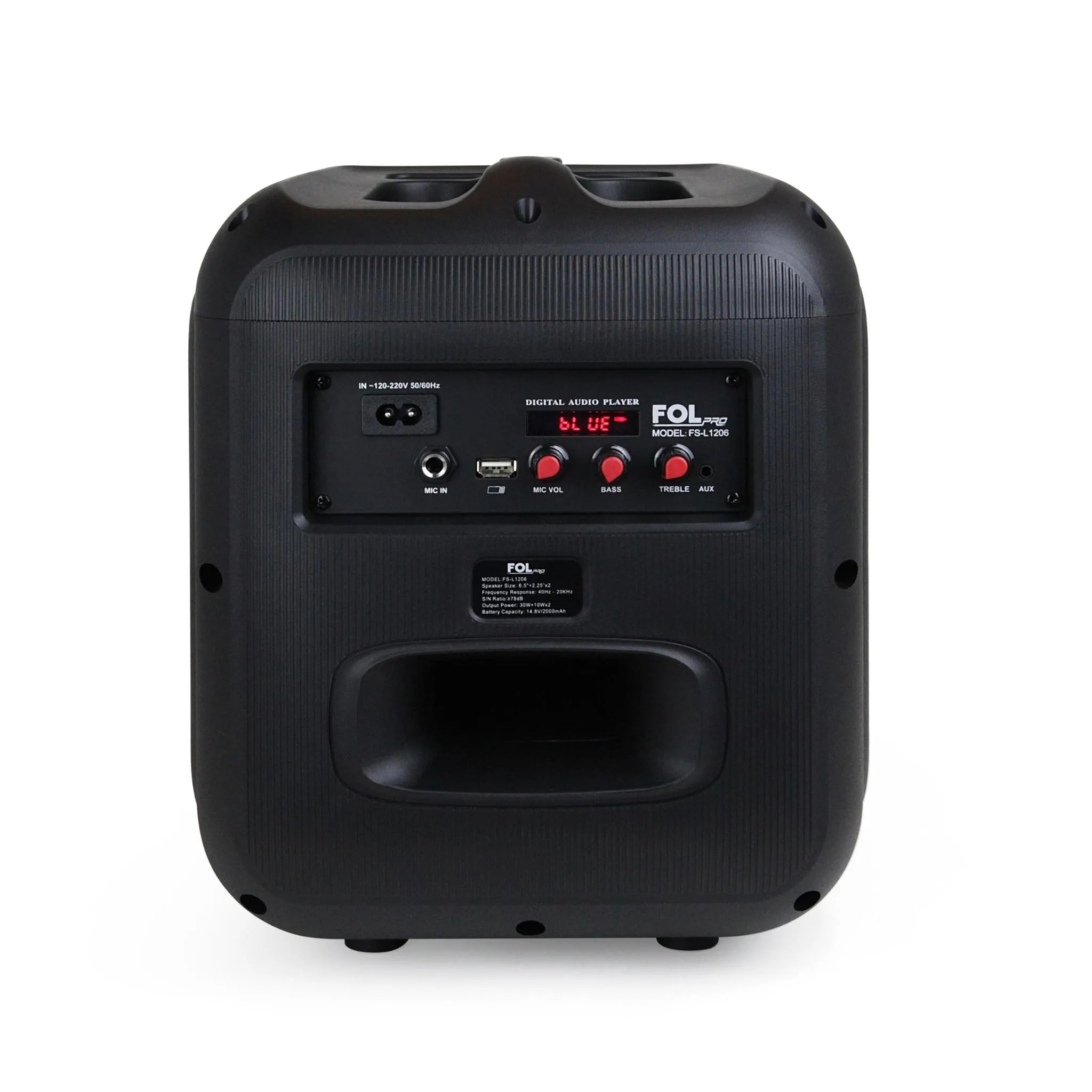 Back Panel: "Rear controls of FS-L1206 speaker, featuring connectivity ports, volume controls, and power input.