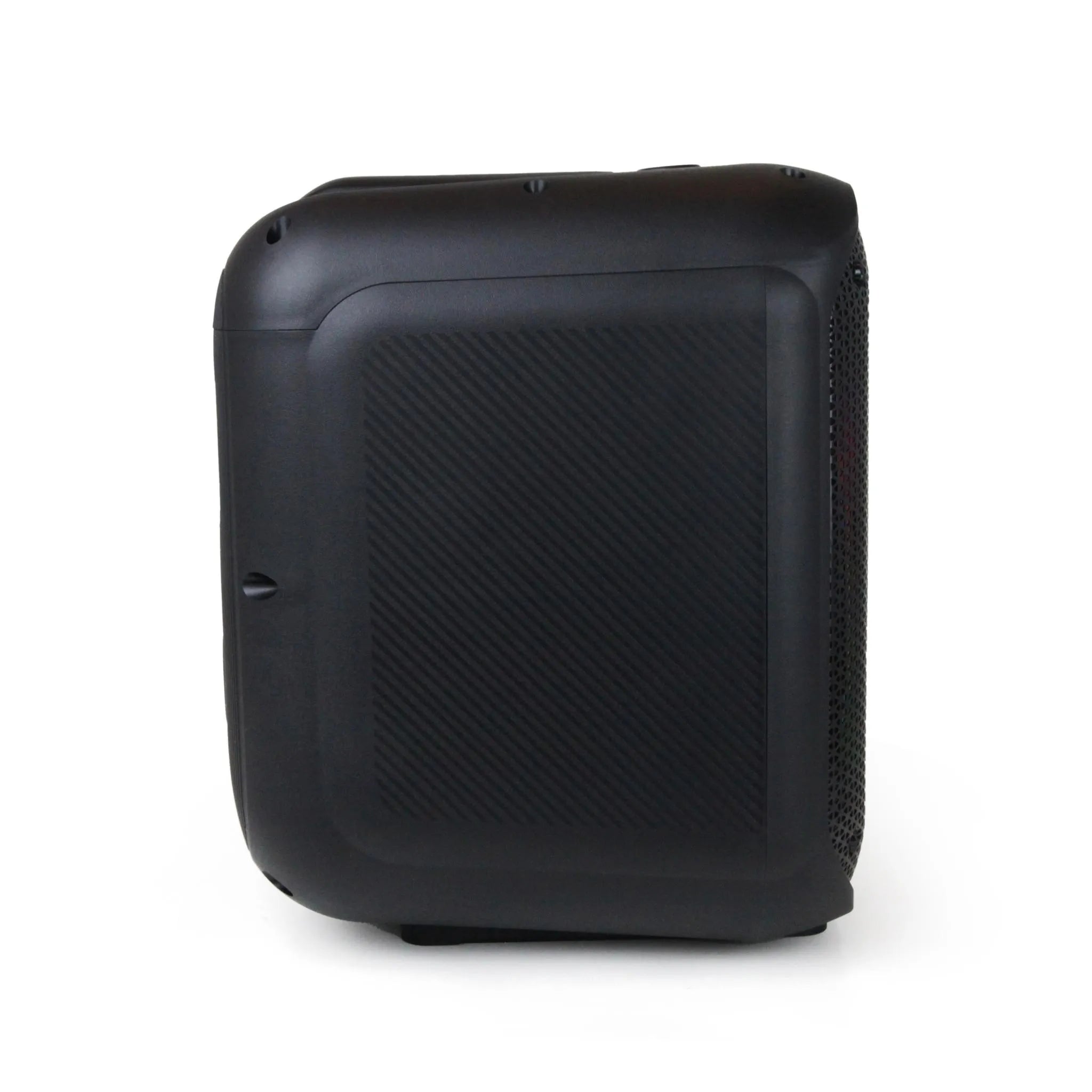 Side View (Left): "Side profile of FS-L1206 speaker, showcasing its compact and sturdy design."