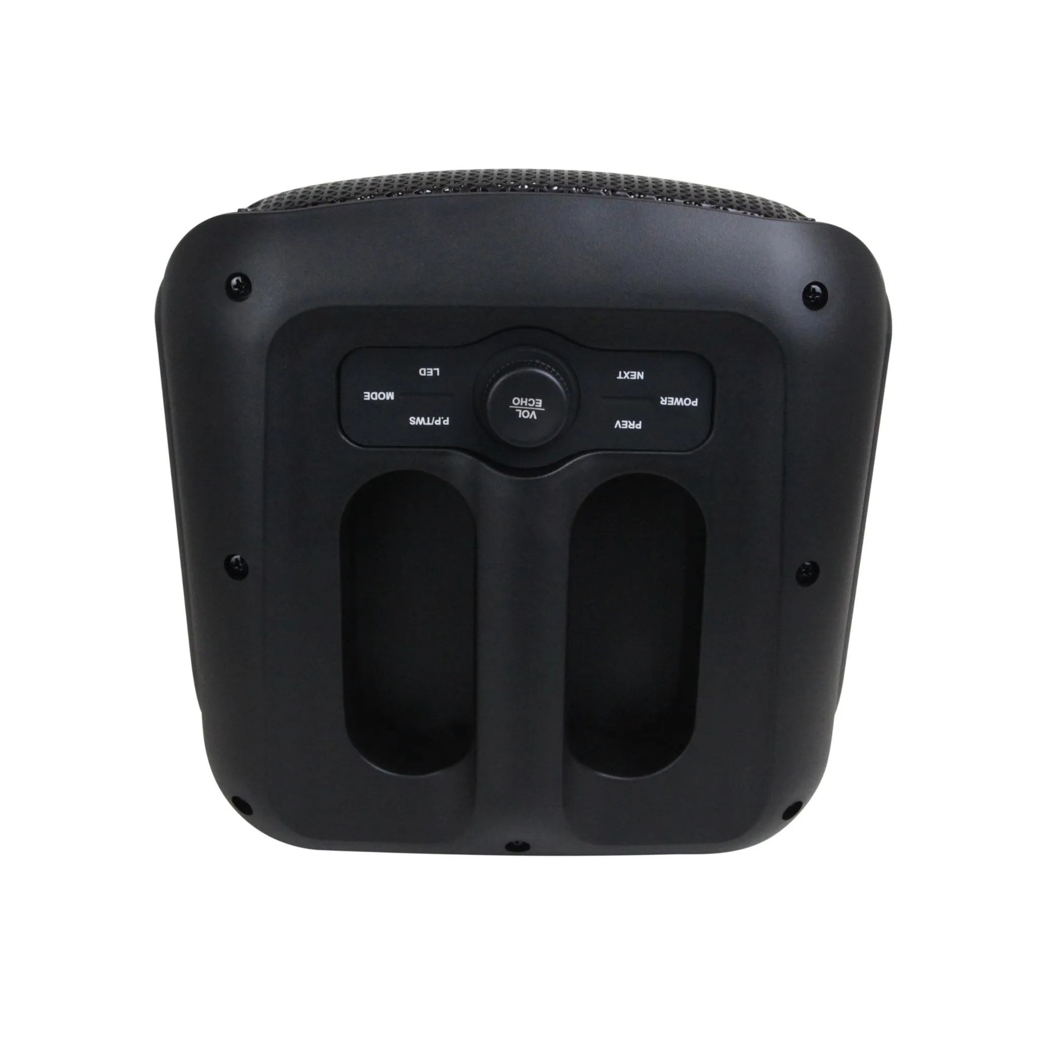 TOP view "Rear controls of FS-L1206 speaker, featuring connectivity ports, volume controls, and power input.