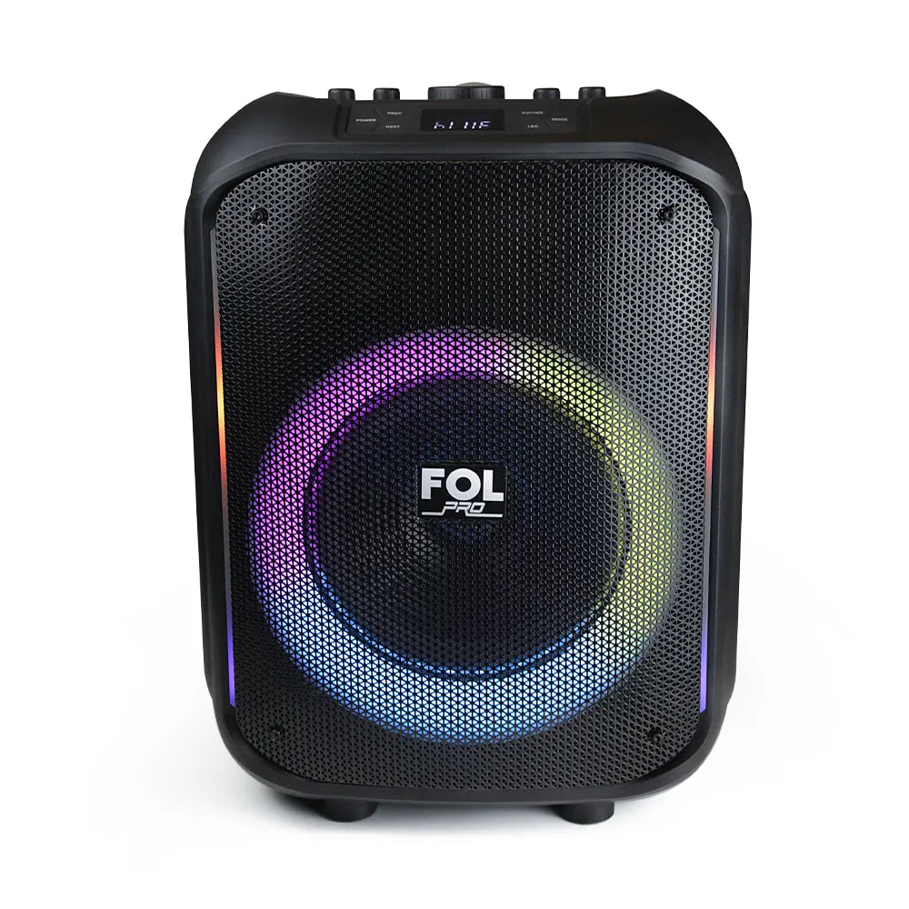 FOL FS-L1210 speaker top control panel showing volume and EQ knobs with LCD display