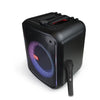 Angled view of FOL Portable Speaker FS-L1218, highlighting its 8-inch and dual 3-inch speakers, sleek black design, and retractable handle for portability.
