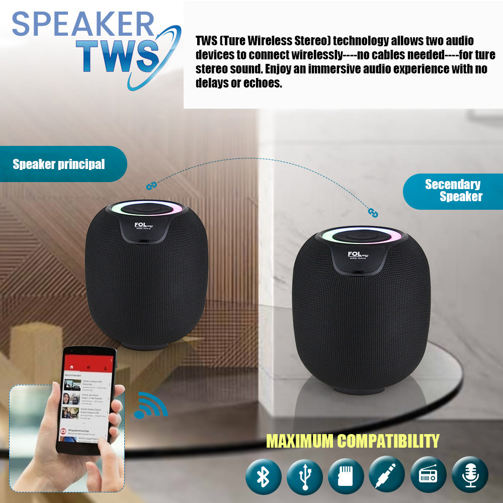 Close-up of FS-R118 wireless speaker showing LED display, mic inputs, and control buttons