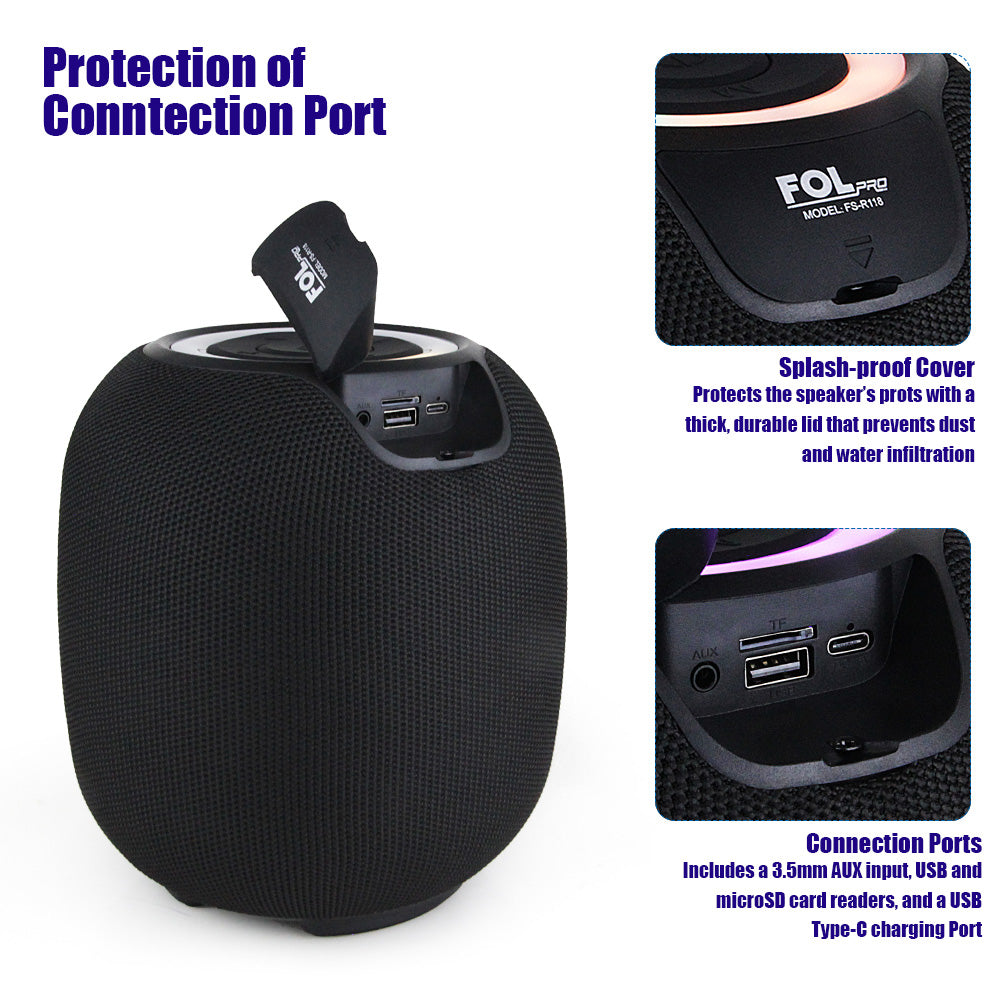 FS-R118 portable party speaker with dual wireless microphones and colorful lighting