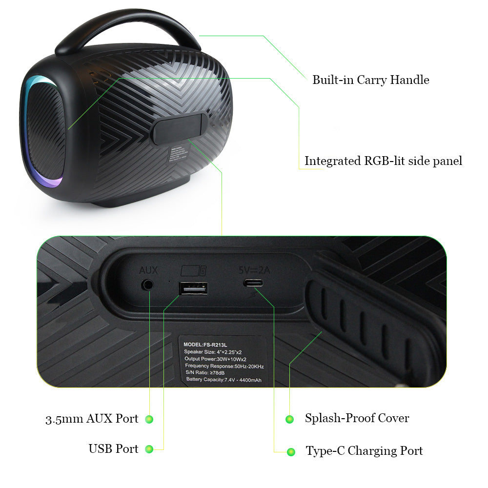 Rear view of FS-R213L wireless speaker with audio ports and power switch