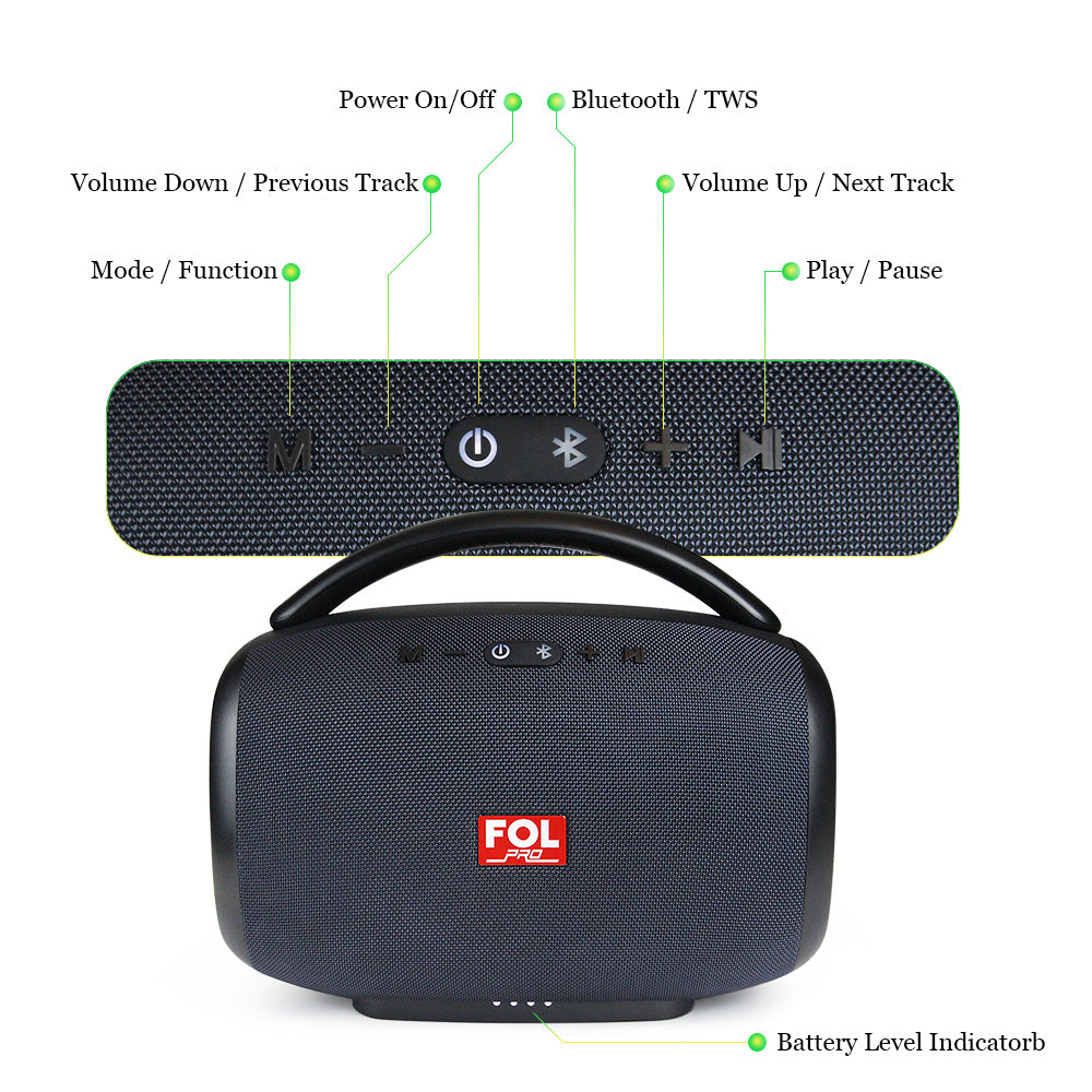 FS-R213L portable speaker front view showing illuminated speaker grill and handle