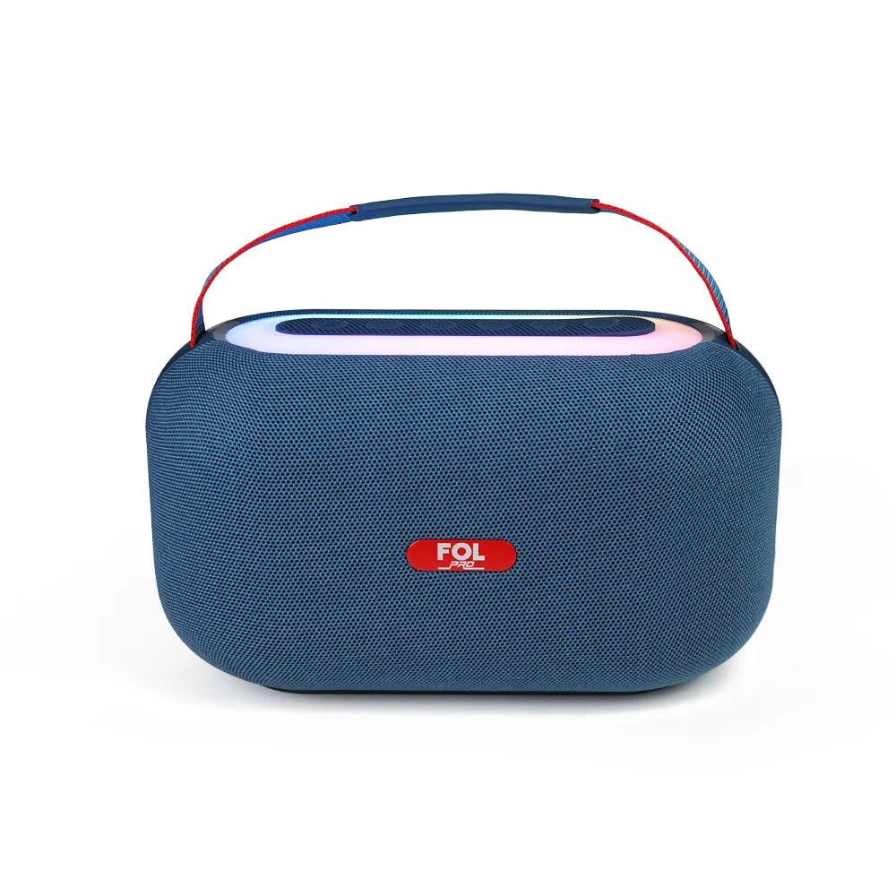 FOL Portable Speaker R318 with 20W + 10W x 2 output, featuring a 3.5-inch main speaker, colorful LED lights, and Bluetooth connectivity.