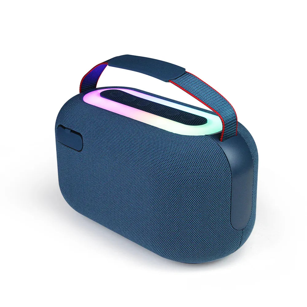Left back side view of Portable Speaker R318, a lightweight 20W + 10W x 2 speaker with vibrant LED lights and compact dimensions.