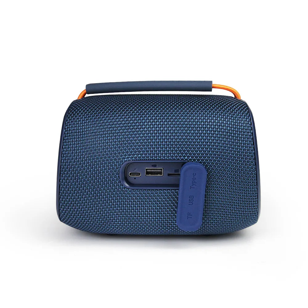 A back view of the blue FOL FS-S150 portable speaker with the circular light ring illuminated.