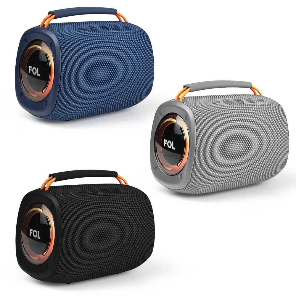 A comparison image of the FOL FS-S150 portable speaker in three colors: blue, black, and gray, each with an orange handle and circular light ring.